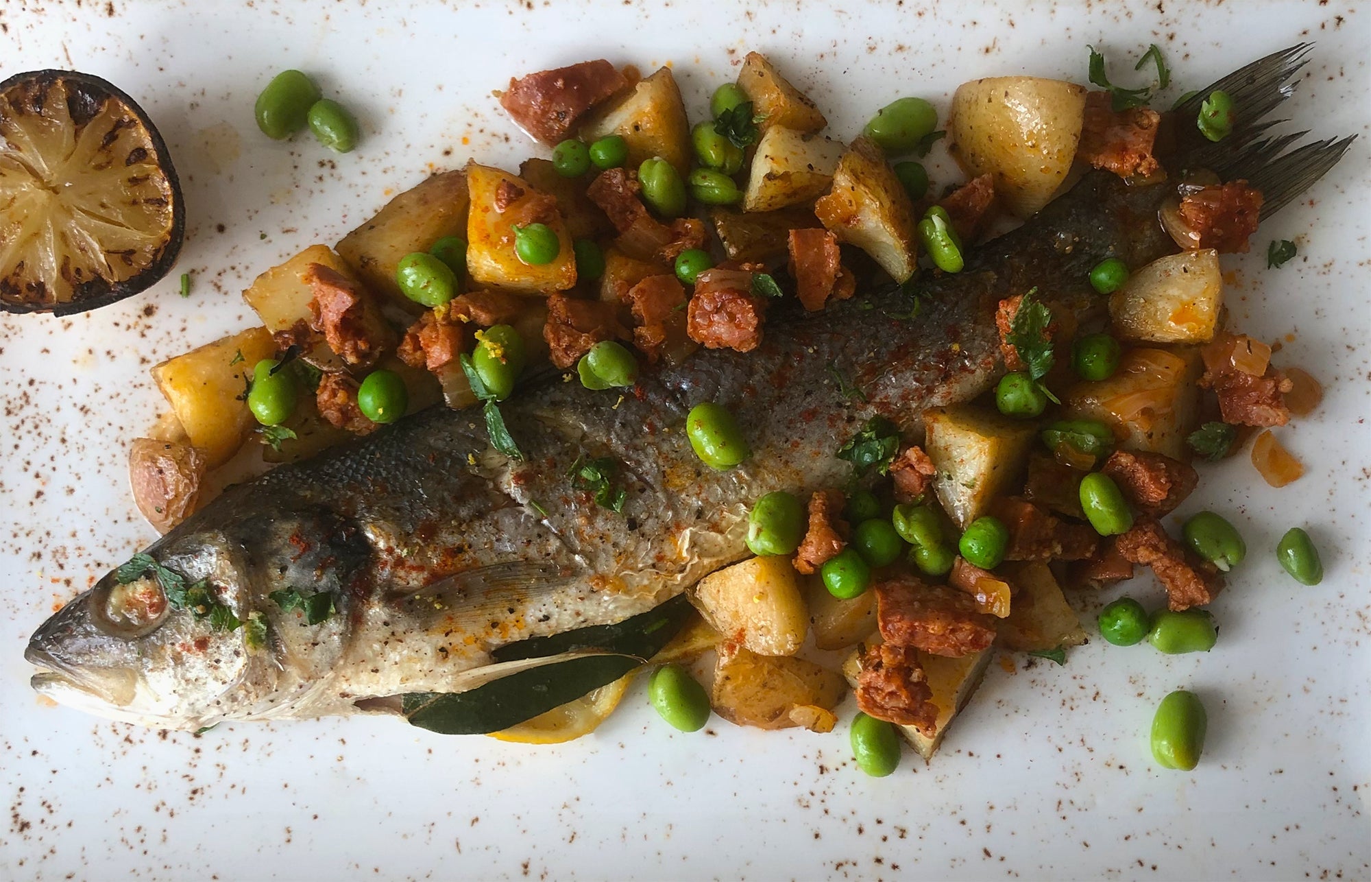 Roasted Bream with Fava Beans, Peas and Chorizo