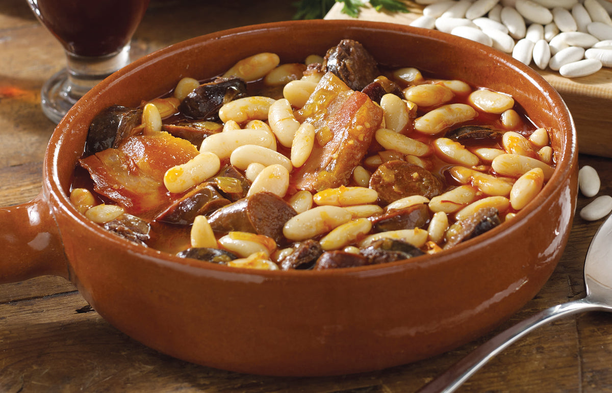 Fabada Asturian Bean Stew in a terra cotta cazuela