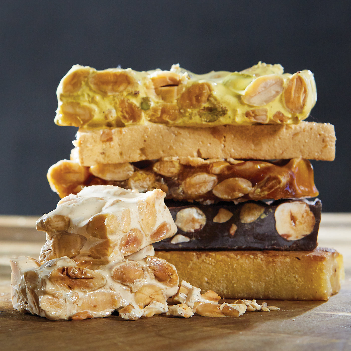 Photo of a stack of different types of Spanish turron candy