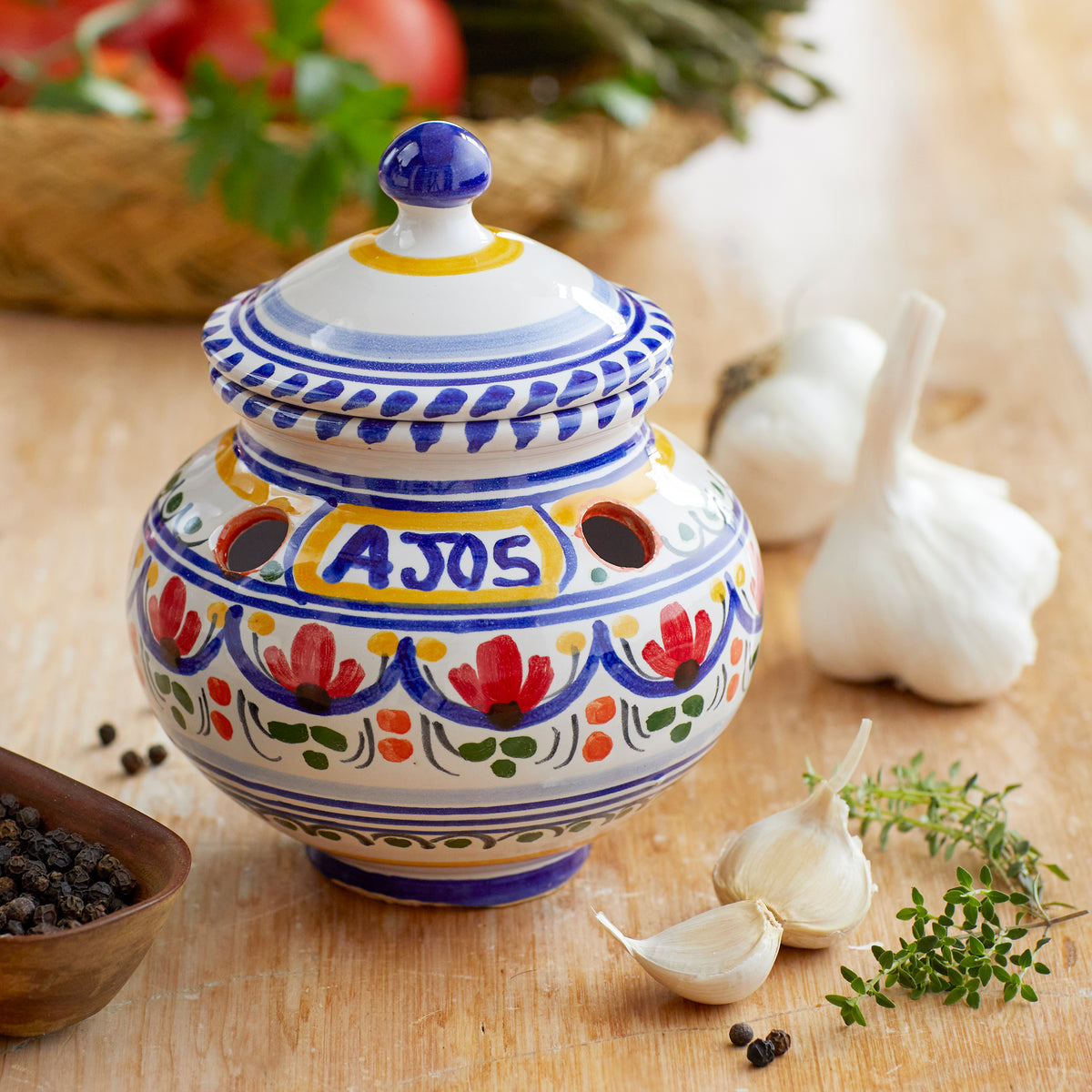 Photo of Garlic Storage Jar with cloves of garlic and sprigs of thyme