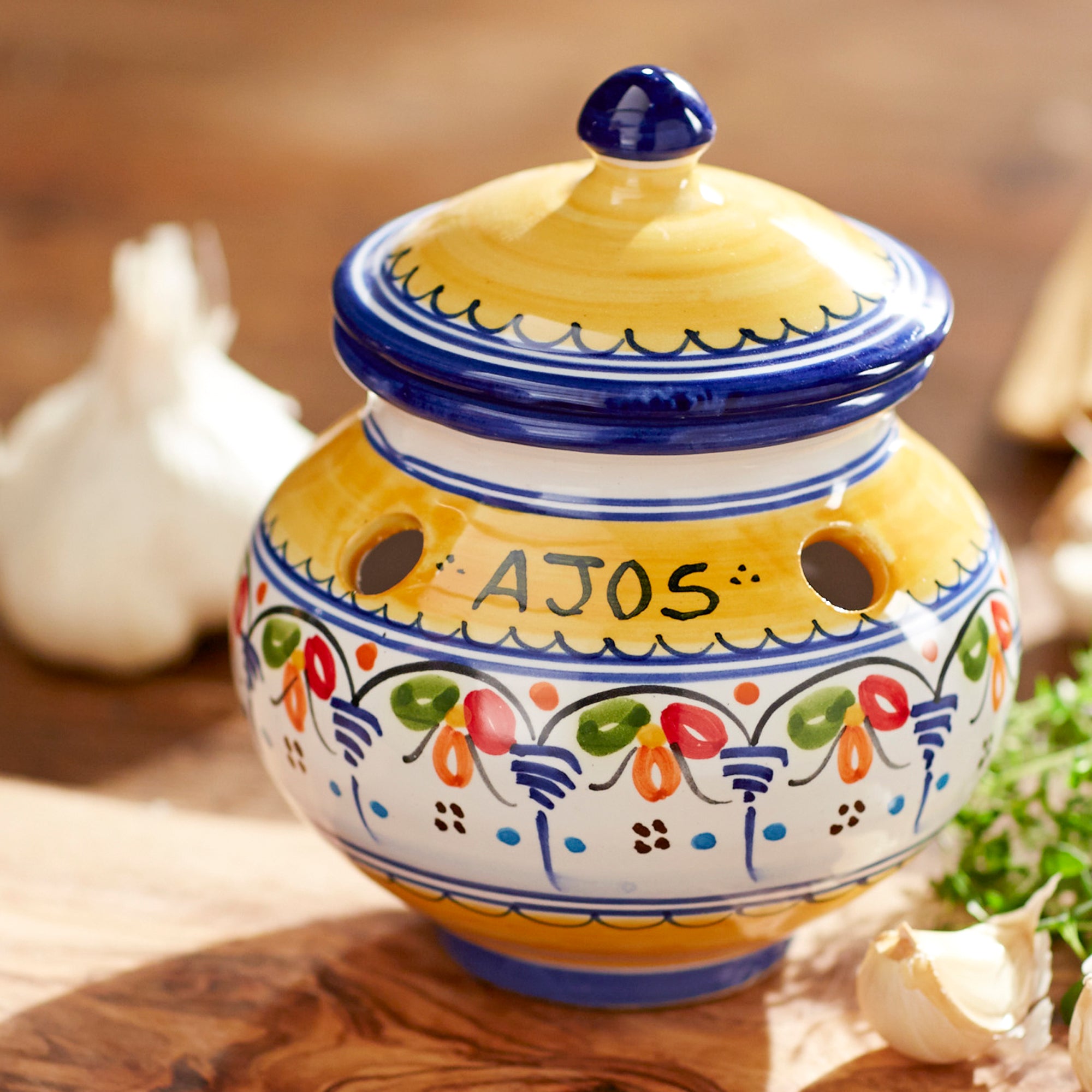 Blue and Yellow Ceramic Garlic Jar