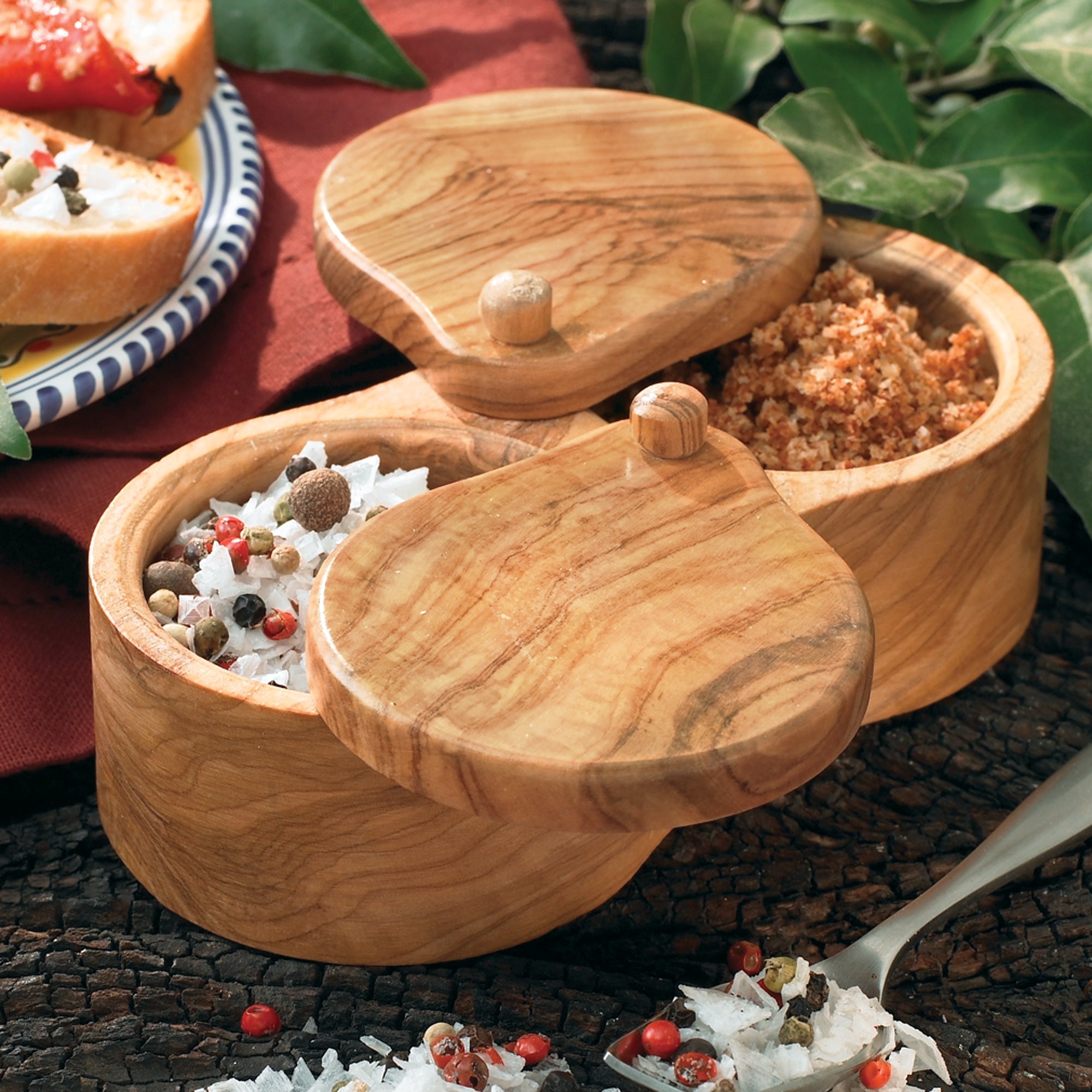 Double Olive Wood Salt and Spice Keeper