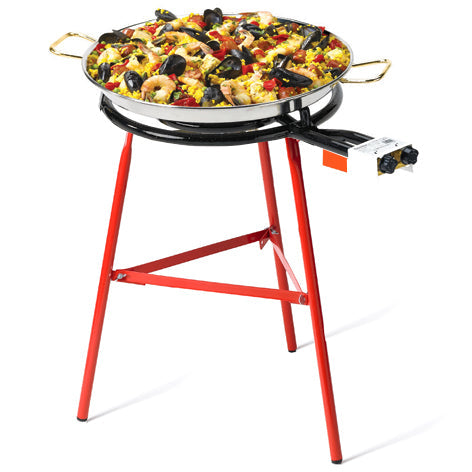 Photo of an extra large Paella Burner with a seafood paella on it