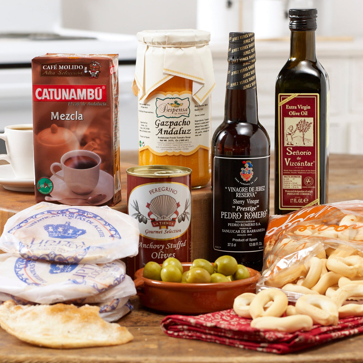Photo of the components of the Flavors of Andalucia Sampler including olives, sherry vinegar and coffee