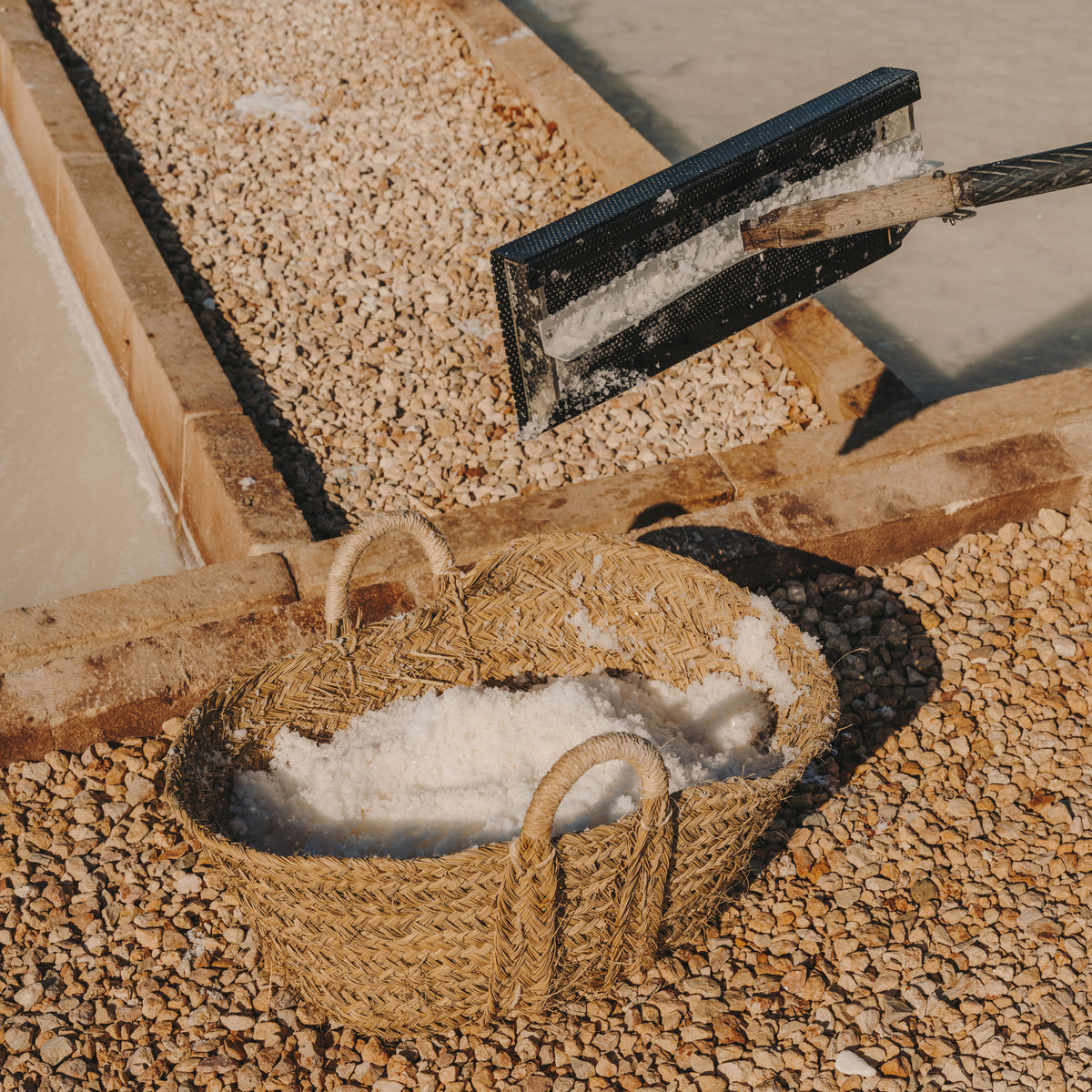 Photo of a woven basket filled with Flor de Sal in the salt flats
